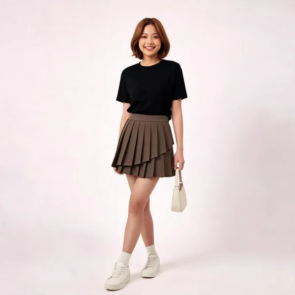 Brown_Knitted_Striped_Polo_Layered_Pleated_Mini_Skirt_For_Women