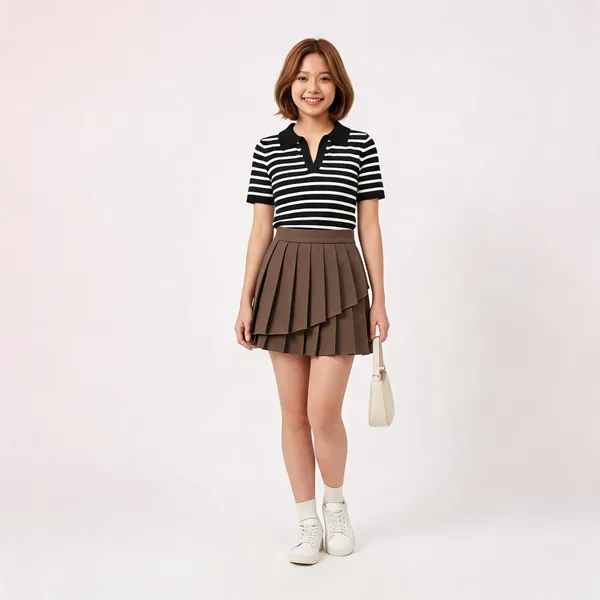 Brown_Knitted_Striped_Polo_Layered_Pleated_Mini_Skirt_For_Women