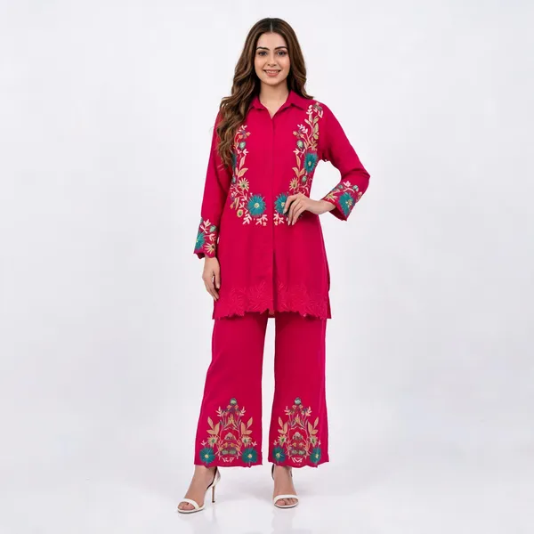 Fuchsia_Pink_Cotton_Floral_Embroidered_Shirt_Co_Ord_Set_For_Women