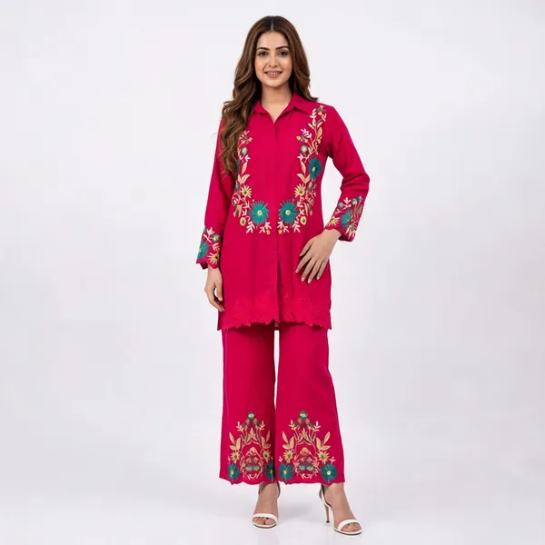 Fuchsia_Pink_Cotton_Floral_Embroidered_Shirt_Co_Ord_Set_For_Women