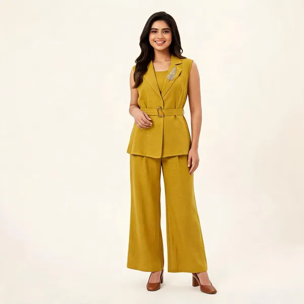 Mustard_Cotton_Tailored_Sleeveless_Three_Piece_Coat_Set_For_Women