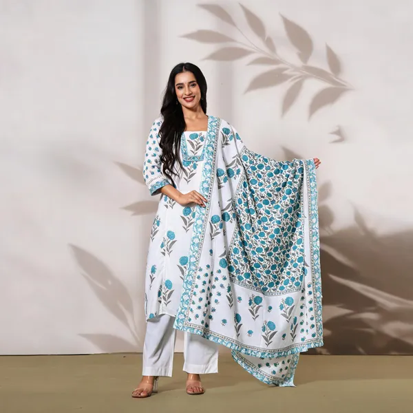White_&_Blue_Cotton_Straight_Floral_Block_Print_Kurta_Set_For_Women