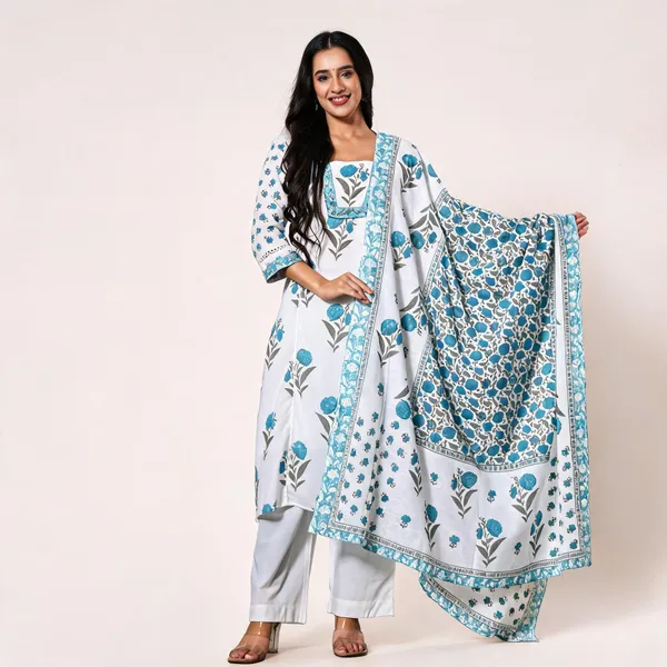 White_&_Blue_Cotton_Straight_Floral_Block_Print_Kurta_Set_For_Women