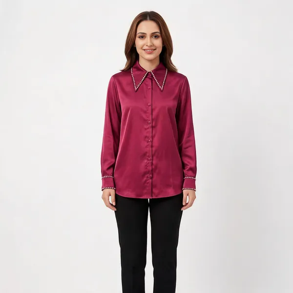 Red_Satin_Oversized_Stone_Work_Shirt_For_Women