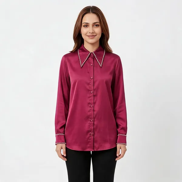 Red_Satin_Oversized_Stone_Work_Shirt_For_Women