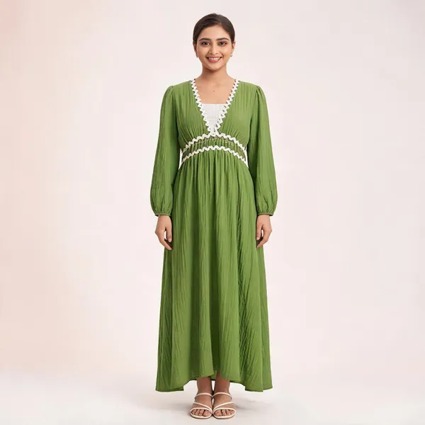 Green_Cotton_Smocked_V-Neck_Maxi_Dress_For_Women