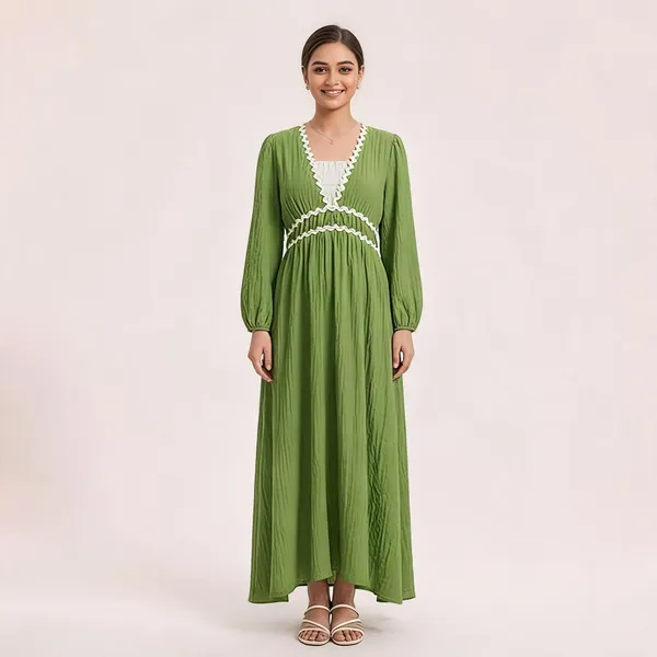 Green_Cotton_Smocked_V-Neck_Maxi_Dress_For_Women
