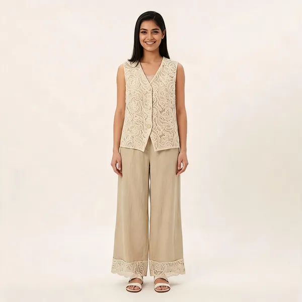 Beige_Linen_Lace_Vest_Wide-Leg_Trouser_Set_For_Women