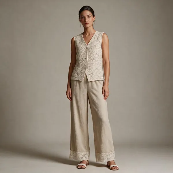 Beige_Linen_Lace_Vest_Wide-Leg_Trouser_Set_For_Women