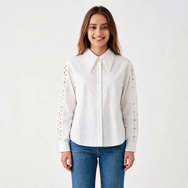 White_Cotton_Relaxed_Lace_Collar_Eyelet_Sleeve_Shirt_For_Women