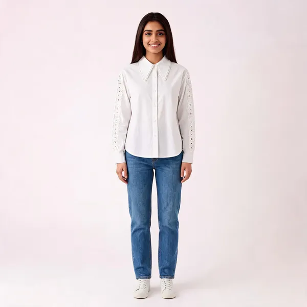 White_Cotton_Relaxed_Lace_Collar_Eyelet_Sleeve_Shirt_For_Women