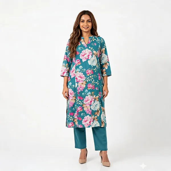 Teal_Cotton_Straight_Watercolor_Botanical_Print_Kurta_Set_For_Women