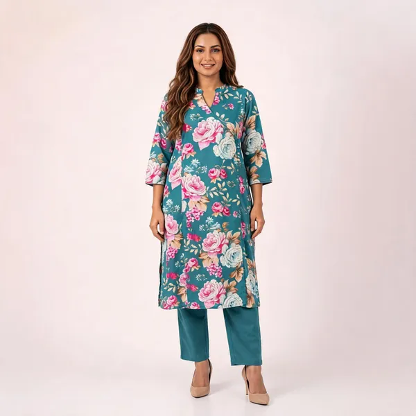 Teal_Cotton_Straight_Watercolor_Botanical_Print_Kurta_Set_For_Women