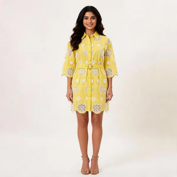 Yellow_Crepe_Schiffli_Embroidered_Shirt_Dress_For_Women