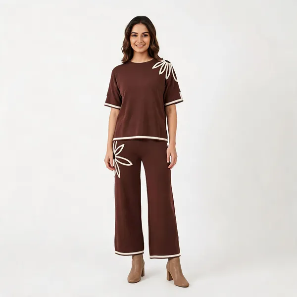 Brown_Knit_Soutache_Embroidered_Tunic_Wide_Leg_Trouser_Set_For_Women