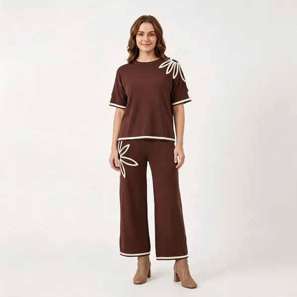 Brown_Knit_Soutache_Embroidered_Tunic_Wide_Leg_Trouser_Set_For_Women