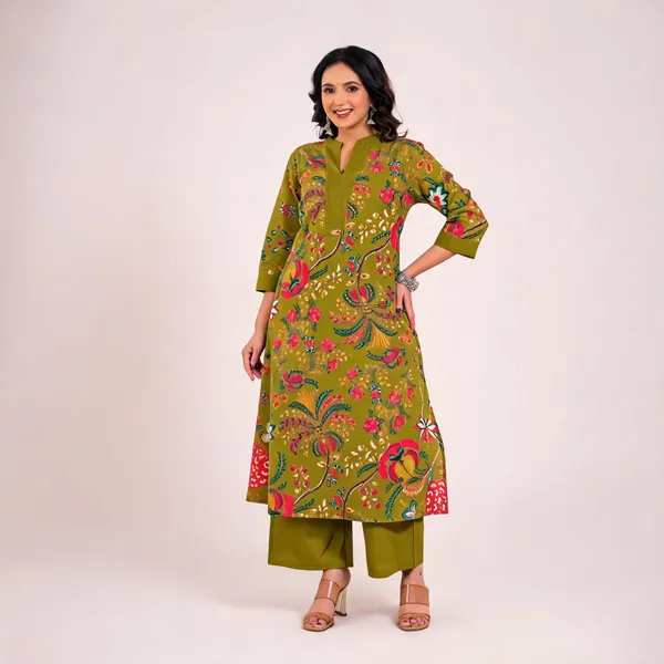 Olive_Green_Cotton_Floral_Kurta_Co-Ord_Set_For_Women