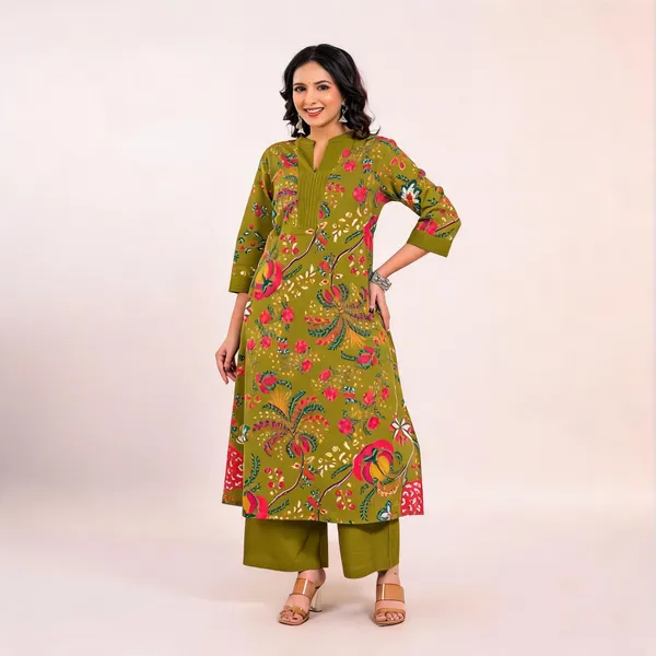 Olive_Green_Cotton_Floral_Kurta_Co-Ord_Set_For_Women