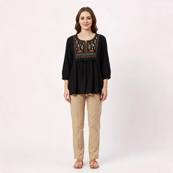 Black_Cotton_Boho_Embroidered_Tassel_Kurta_For_Women