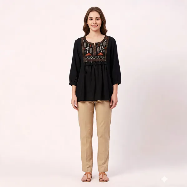 Black_Cotton_Boho_Embroidered_Tassel_Kurta_For_Women