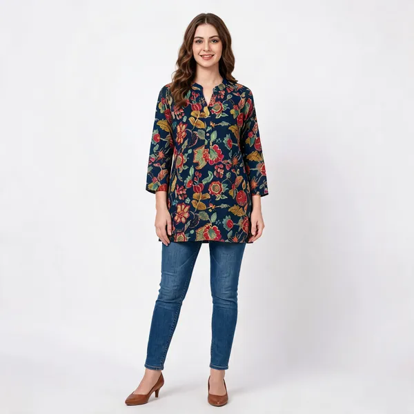 Blue_Cotton_Straight_Kalamkari_Print_Short_Kurti_For_Women