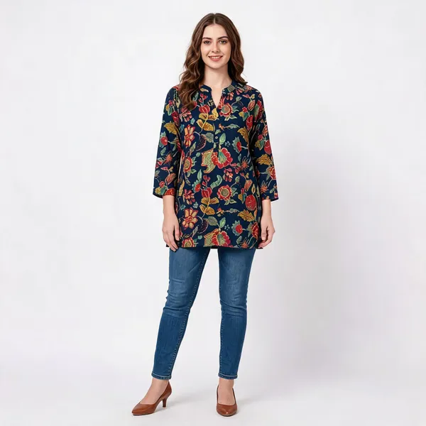 Blue_Cotton_Straight_Kalamkari_Print_Short_Kurti_For_Women