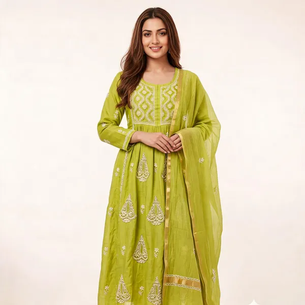 Lime_Green_Cotton_Chikankari_Gathered_Anarkali_Suit_Set_For_Women