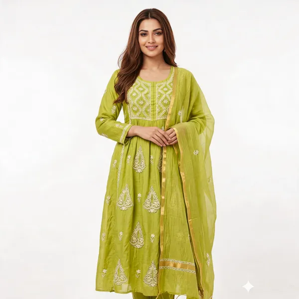 Lime_Green_Cotton_Chikankari_Gathered_Anarkali_Suit_Set_For_Women