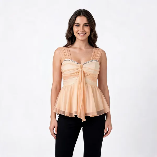 Peach_Net_Corset_Ruched_Peplum_Top_For_Women