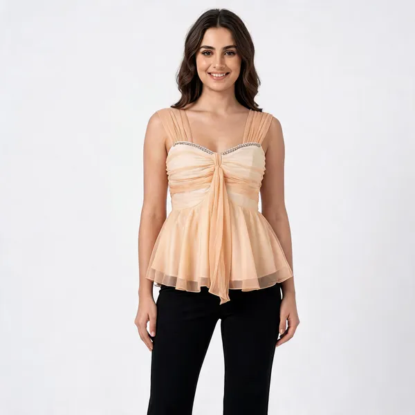 Peach_Net_Corset_Ruched_Peplum_Top_For_Women