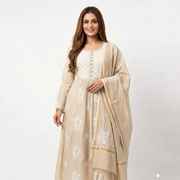 Beige_Cotton_Chikankari_Gathered_Anarkali_Suit_Set_For_Women