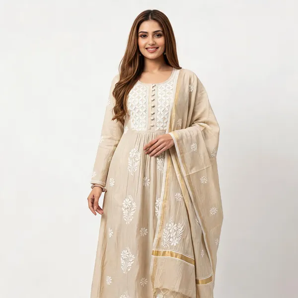 Beige_Cotton_Chikankari_Gathered_Anarkali_Suit_Set_For_Women