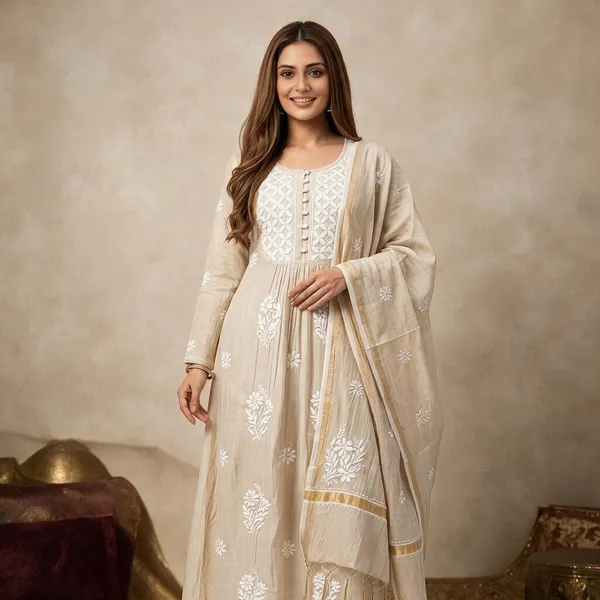 Beige_Cotton_Chikankari_Gathered_Anarkali_Suit_Set_For_Women