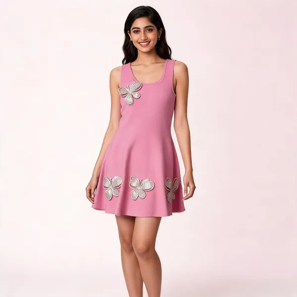 Pink_Hosiery_Flared_Butterfly_Applique_Dress_For_Women