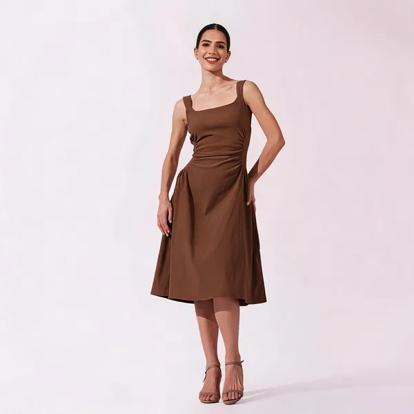 Brown_Cotton_A-Line_Square_Neck_Midi_Dress_For_Women