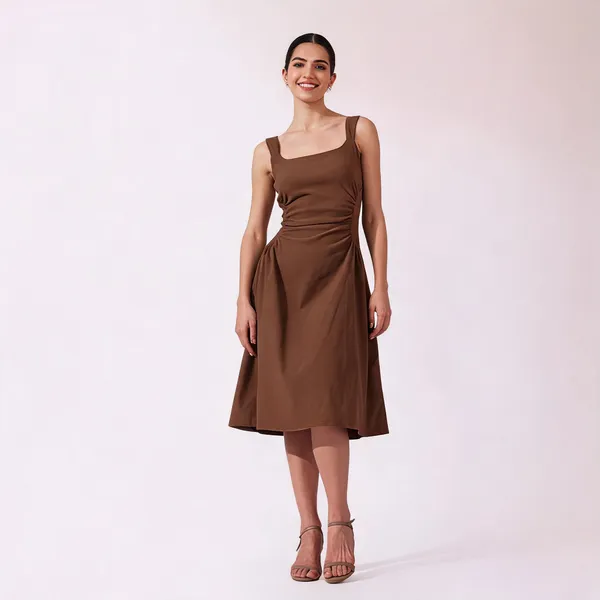 Brown_Cotton_A-Line_Square_Neck_Midi_Dress_For_Women