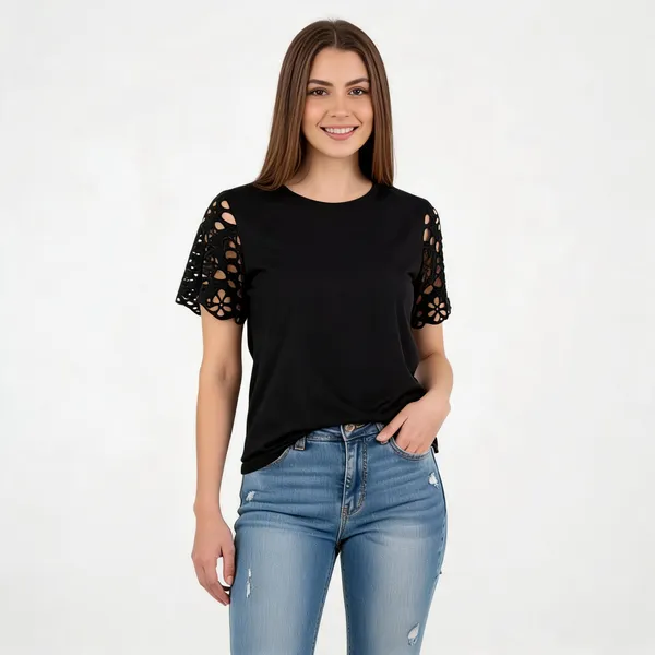 Black_Cotton_Eyelet_Lace_Sleeve_Tee_For_Women