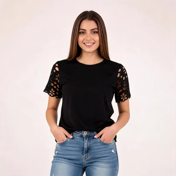 Black_Cotton_Eyelet_Lace_Sleeve_Tee_For_Women