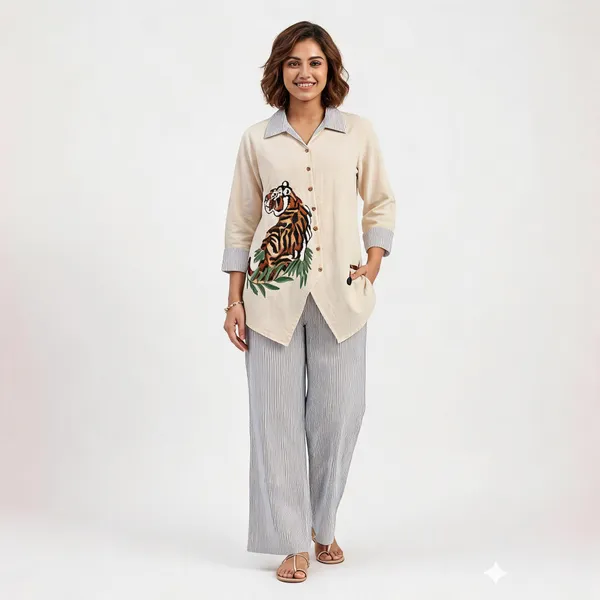 Cream_Linen_Tiger_Embroidered_Asymmetric_Co-Ord_Set_For_Women