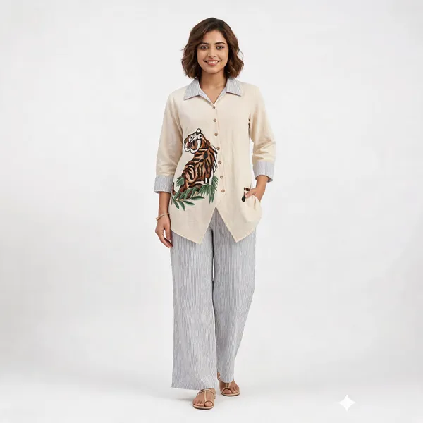 Cream_Linen_Tiger_Embroidered_Asymmetric_Co-Ord_Set_For_Women