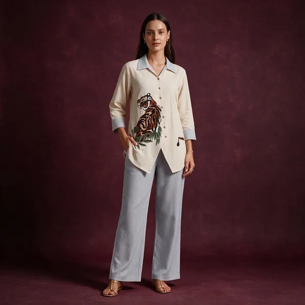 Cream_Linen_Tiger_Embroidered_Asymmetric_Co-Ord_Set_For_Women