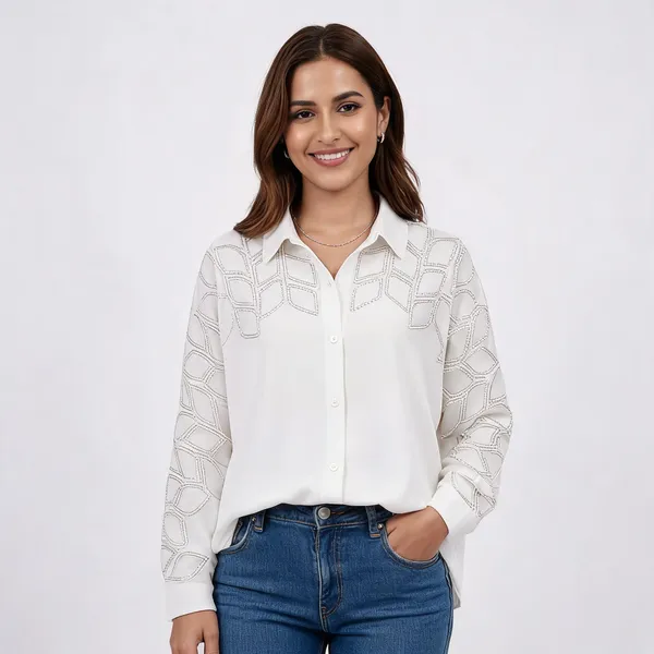 White_Satin_Oversized_Stone_Work_Geometric_Shirt_For_Women