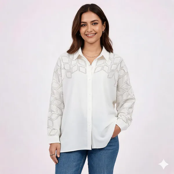 White_Satin_Oversized_Stone_Work_Geometric_Shirt_For_Women