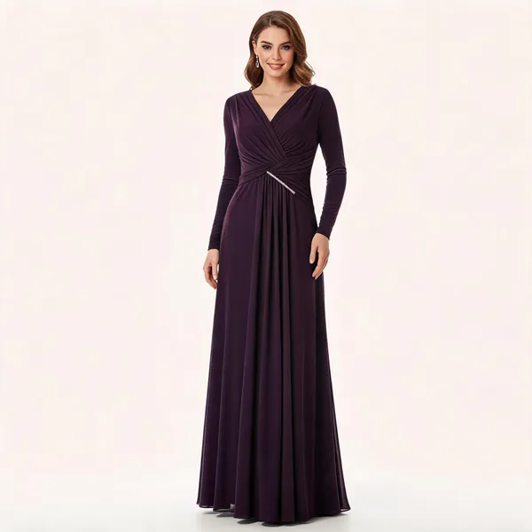 Plum_Stretchable_Lycra_A-Line_V-Neck_Evening_Gown_For_Women