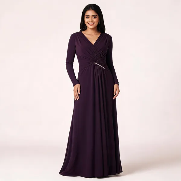 Plum_Stretchable_Lycra_A-Line_V-Neck_Evening_Gown_For_Women