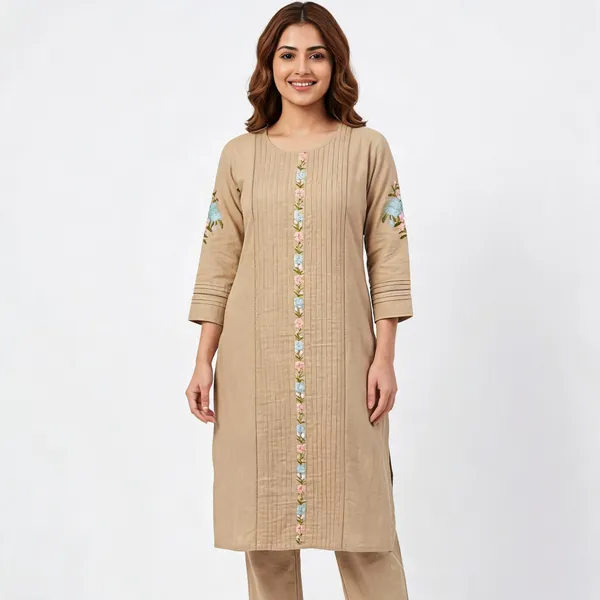 Beige_Linen_Straight_Pintuck_Floral_Embroidered_Kurta_Suit_Set_For_Women
