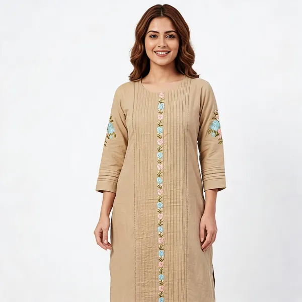 Beige_Linen_Straight_Pintuck_Floral_Embroidered_Kurta_Suit_Set_For_Women