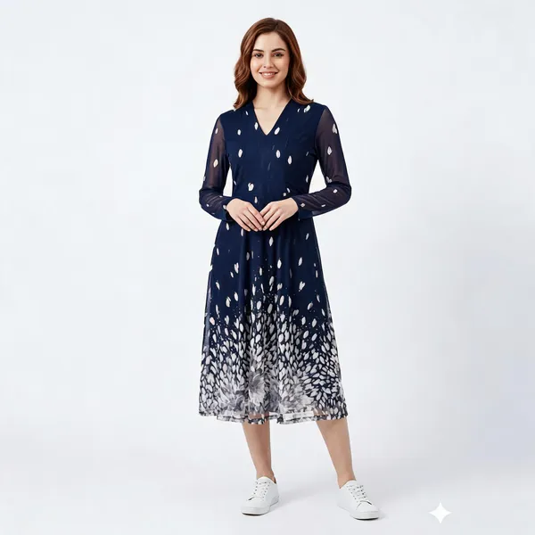 Navy_Blue_Power_Knit_Floral_Print_A-Line_Midi_Dress_For_Women