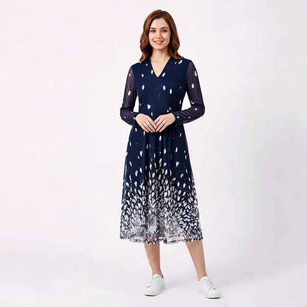 Navy_Blue_Power_Knit_Floral_Print_A-Line_Midi_Dress_For_Women