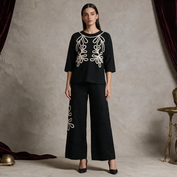 Black_Knit_Straight_Soutache_Embroidered_Tunic_Trouser_Set_For_Women